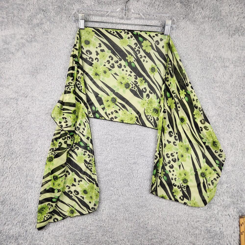 Vintage Chiffon Rectangle Scarf Womens Green Zebra Floral Sheer Lightweight Boho